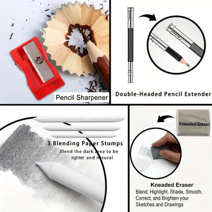 Professional Drawing Pencils Sketch Pencil Art Kit with Graphite, Charcoal & Blending Stump, Sketching Set for Artists